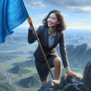 Femme heureuse ayant atteint le sommet de la montagne du succès.