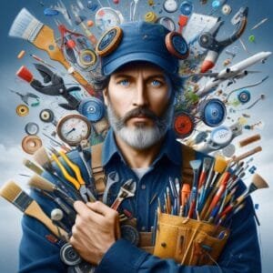 un-professionnel-ultra-polyvalent-avec-des-elements-de-col-bleu-et-dartiste a working autodidact