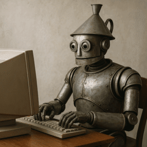 ultrarealistic robot with a funnel on its head writing on a computer, 1920x1280 Générateur de CV